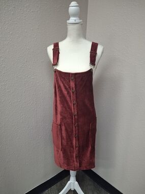 Planet Gold: Corduroy Button-Front Pinafore Dress in Rust/ Maroon
